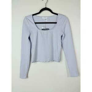 Pink Rose Waffle Knit Cropped Henley Top Blue Lettuce Hem Y2K Soft Girl M